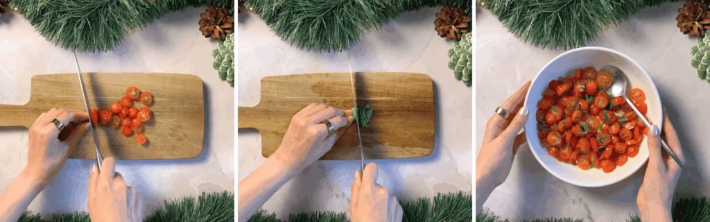 slicing cherry tomatoes and fresh basil to make burrata crostini topper