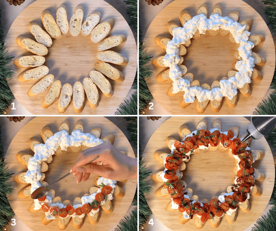 steps to assemble a christmas appetizer made with burrata and crostini