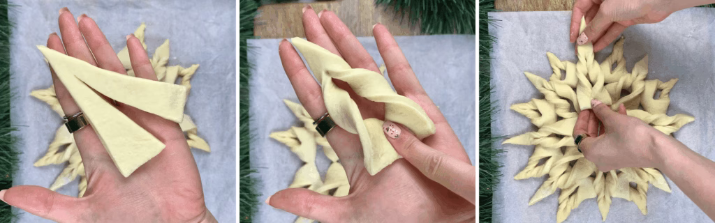shaping dough parts to make petals of christmas bread shaped like poinsettia