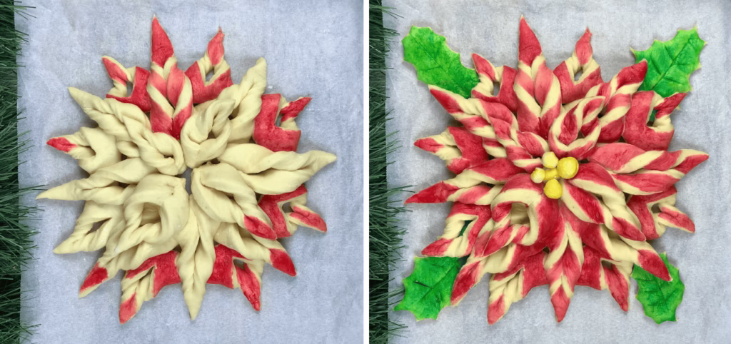 coloring and resting poinsettia christmas bread before baking