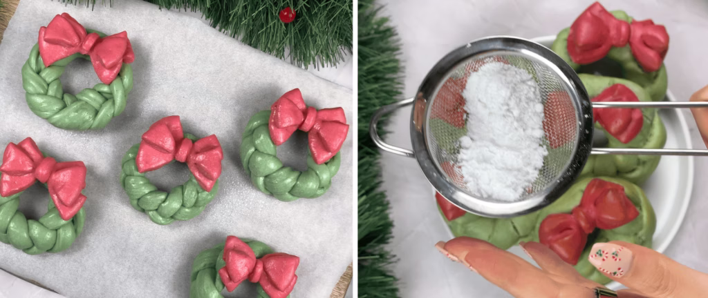 baking christmas recipe brioche buns and dusting with powdered sugar