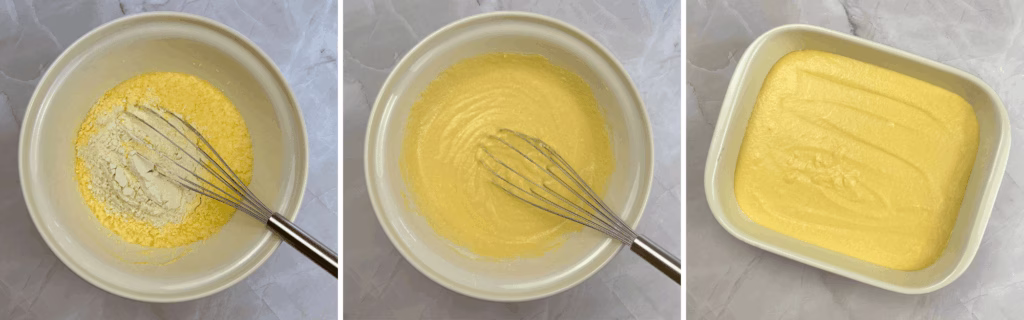 adding flour and cornbread to butter and eggs to make cornbread and adding to dish
