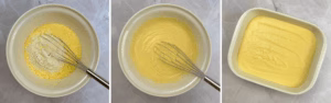 adding flour and cornbread to butter and eggs to make cornbread and adding to dish