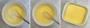 adding flour and cornbread to butter and eggs to make cornbread and adding to dish