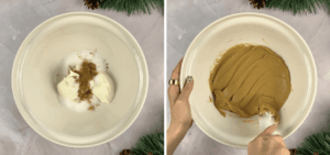 mixing mascarpone cheese and sugar to make eggless tiramisu for christmas