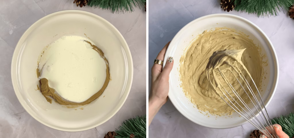 adding cream and whisking to make eggless tiramisu dessert for christmas