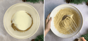 adding cream and whisking to make eggless tiramisu dessert for christmas