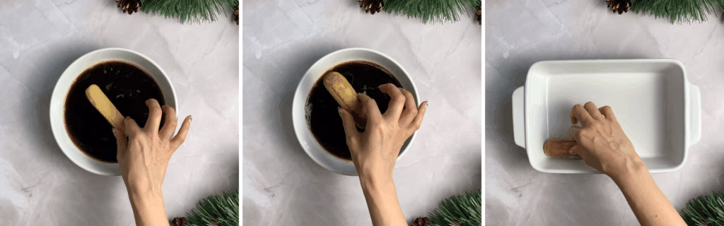 dipping lady fingers in coffee and layering