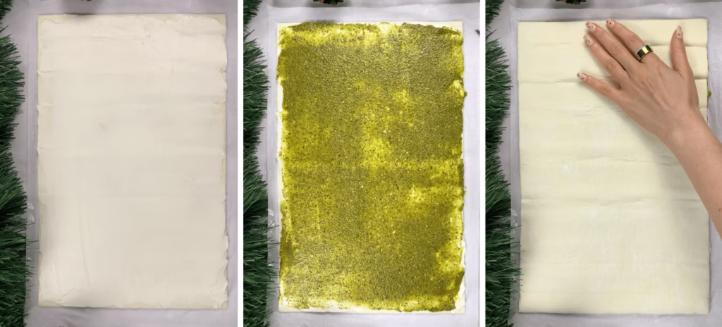 puff pastry christmas tree filled with pesto and cream cheese