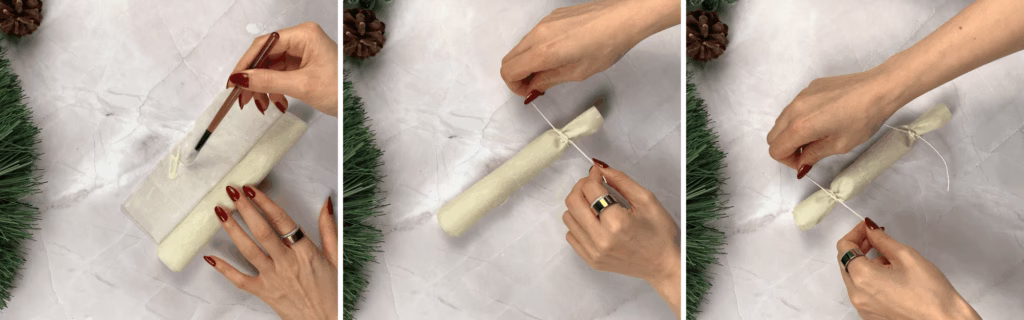 Rolling the phyllo, brushing the edge with flour paste, and tying butcher’s twine on both ends to shape the cracker.
