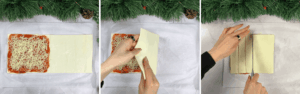 Spreading marinara and cheese on puff pastry, folding it, and cutting the sheet into strips for the sticks.
