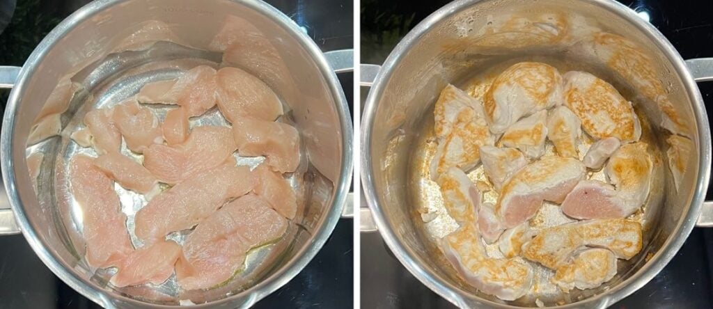 searing chicken in a pot