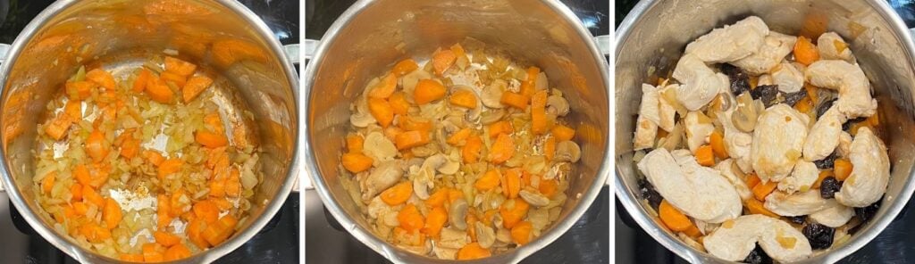 cooking vegetables in a pot then adding chicken