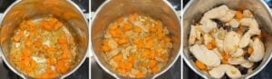 cooking vegetables in a pot then adding chicken