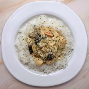 easy chicken dinner with rice and veggies on a plate