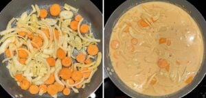 onions and carrots being cooked in a pan then adding coconut milk