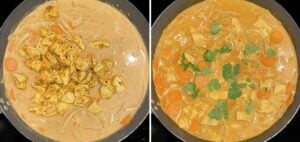 adding cooked chicken to the sauce and then garnishing with fresh coriander