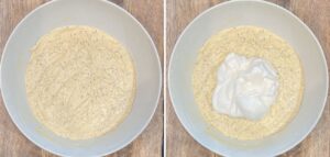 Gently folding whipped egg whites into the sourdough pancake batter with a spatula to create extra fluffy pancakes.