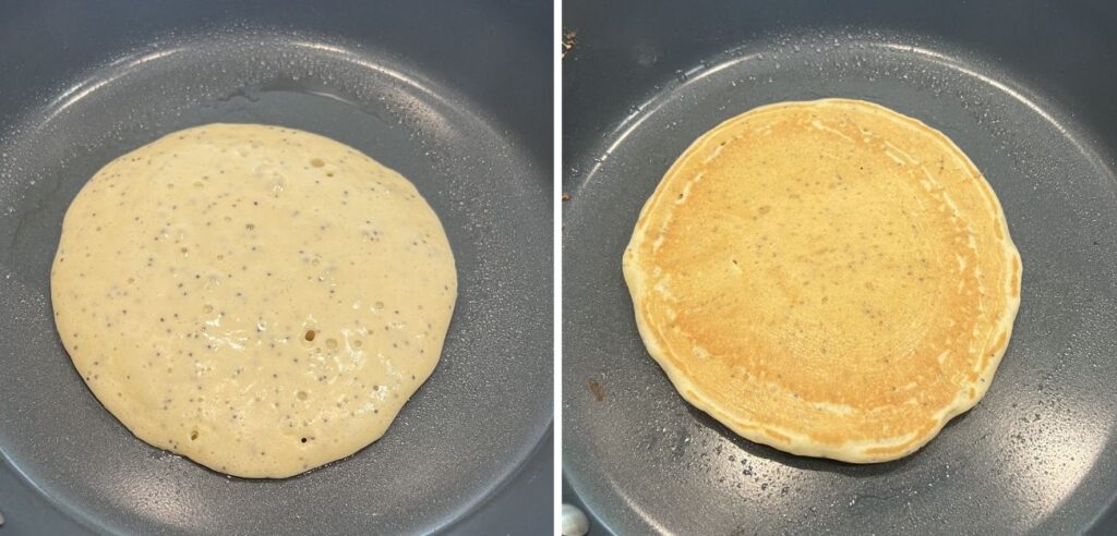 Sourdough discard lemon poppy seed pancakes cooking to golden brown perfection on a medium-heat pan.