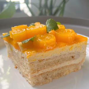 A single slice of mango tiramisu served on a white plate