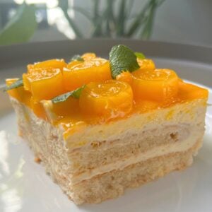 A single slice of mango tiramisu served on a white plate