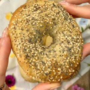 close up of sourdough bagel made without stretch and fold method