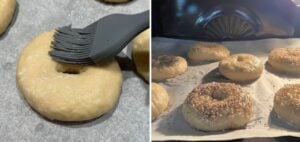 brushing milk on bagel and baking bagels in the oven