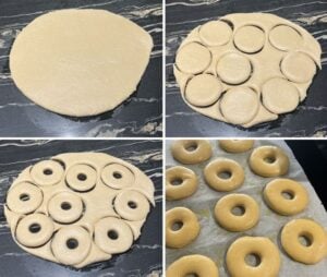sourdough donut dough rolled, cut, and shaped into donuts waiting to be air fried
