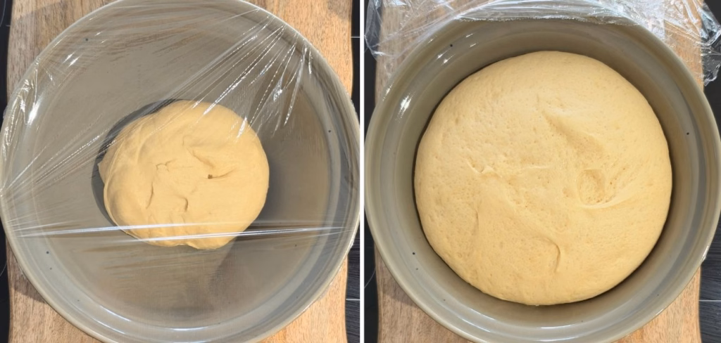 cinnamon roll dough resting in rising in bowl