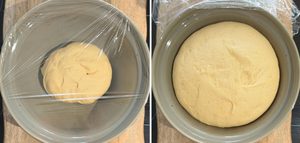 cinnamon roll dough resting in rising in bowl