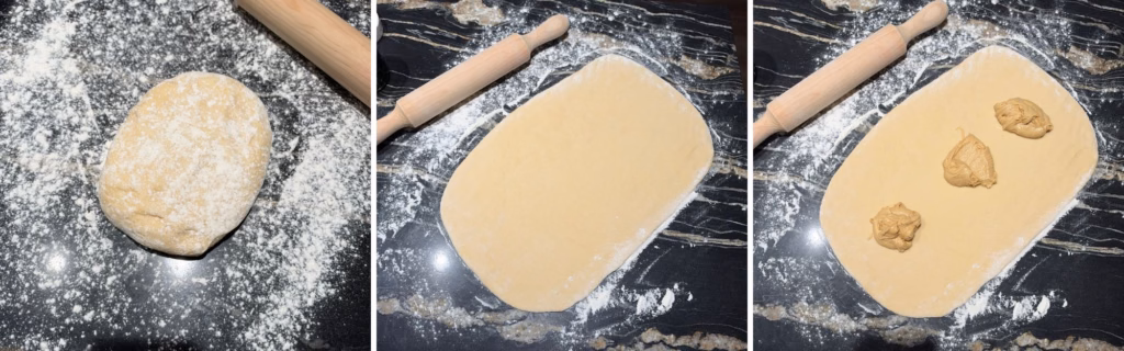 rolling and adding spread filling to cinnamon roll dough 