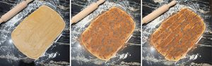 adding filling and cinnamon to cinnamon roll dough