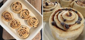 cinnamon rolls in the baking dish before baking
